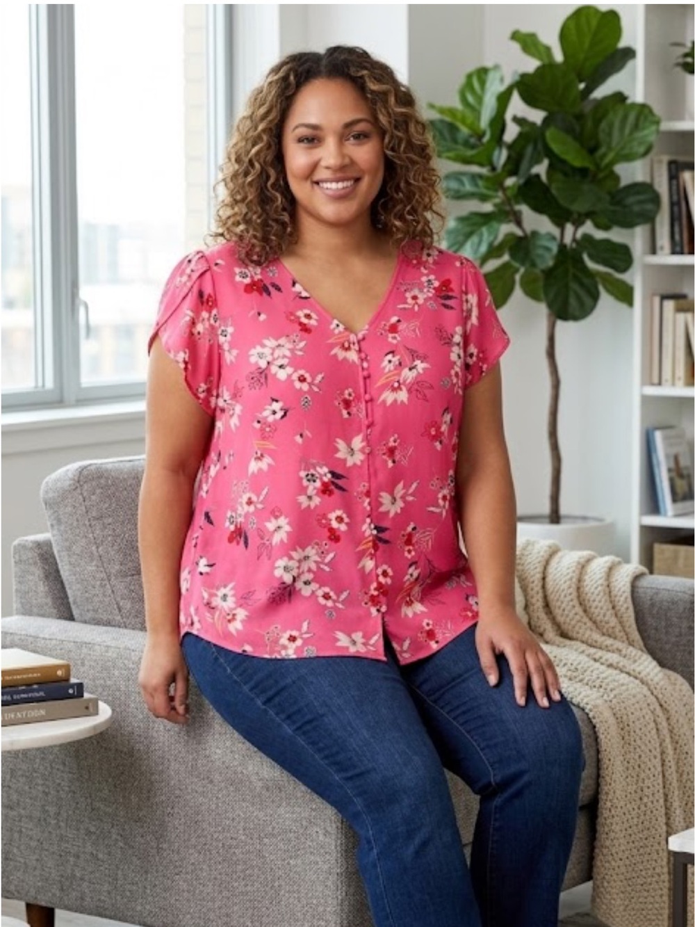 Premise Hot Pink Floral V-Neck Short Sleeve Blouse